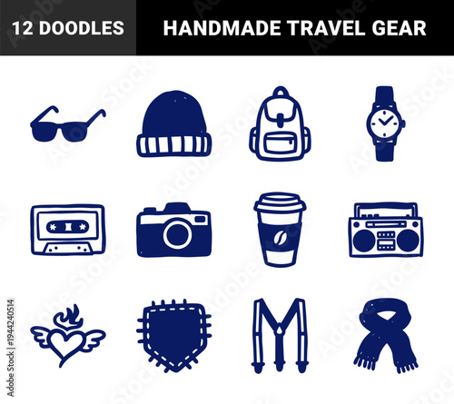 Hand-drawn retro lifestyle and travel accessories in a naive marker sketch style. Rustic blue ink doodles featuring vintage tech and casual fashion items.