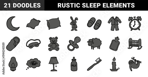 Hand-drawn sleep and bedtime routine elements in a naive marker sketch style. Rustic, clumsy doodle illustrations featuring comfort, rest, and nursery concepts.