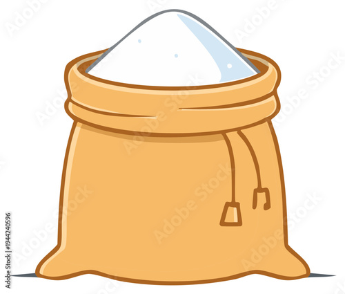 Illustration of a full burlap sack overflowing with white sugar granules