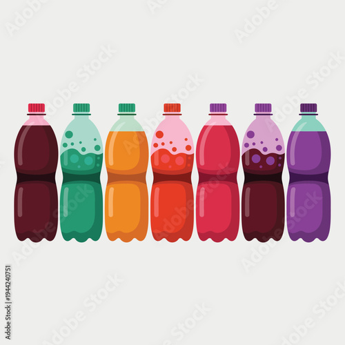 Colorful Assortment of Soda Bottles with Bubbles and Reflections