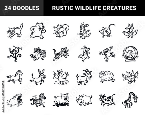 Funny animal characters for nursery and children branding. Naive marker sketch doodles featuring zoo, farm, and wild animals in a clumsy hand-drawn style.