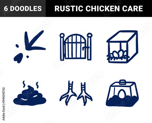 Hand-drawn poultry farming and backyard chicken coop elements. Rustic, naive marker sketch illustrations featuring nesting boxes, brooding lamps, and organic eggs.