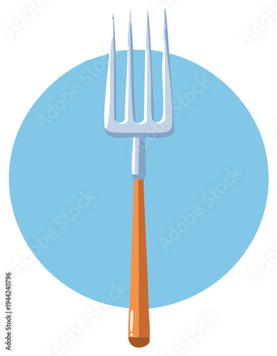 Illustration of a Garden Fork with Silver Tines and Wooden Handle on Blue Background