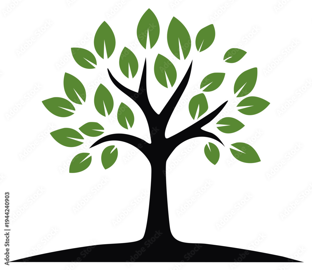Obraz premium Stylized Graphic Tree Icon with Green Leaves Silhouette Symbol