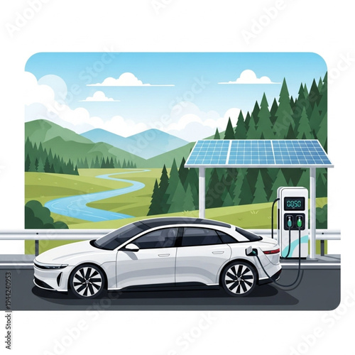 Electric Car Charging at Solar Station.