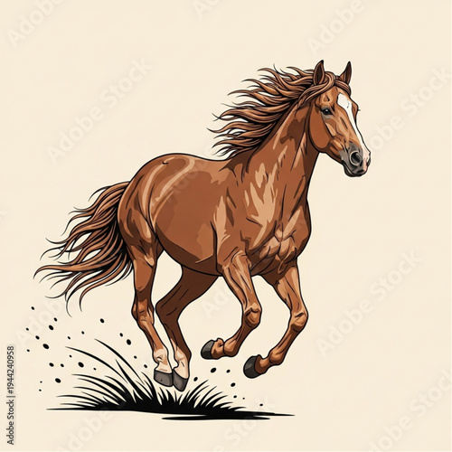 Brown Horse Running with Flowing Mane.
