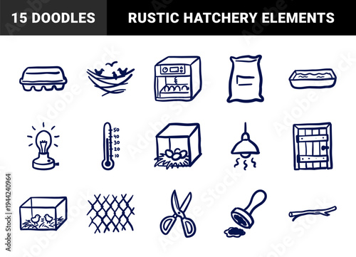 Hand-drawn poultry farming and chicken incubation elements for agricultural branding. Rustic naive marker sketch illustrations featuring backyard bird brooding concepts.
