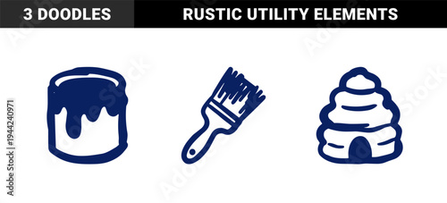 Hand-drawn repair and nature elements in a naive marker sketch style. Rustic, clumsy doodle illustrations featuring a paintbrush, paint bucket, and beehive.