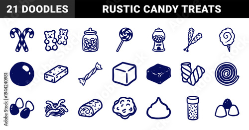 Hand-drawn confectionery and sweet treats for organic brand identity. Rustic, naive marker sketch illustrations featuring candy shop and snack concepts.