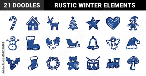Hand-drawn Christmas and winter holiday doodles for festive branding. Rustic indigo blue marker sketch illustrations featuring seasonal ornaments.