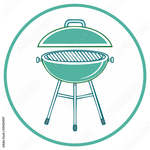 Illustrated Teal Barbecue Grill and Open Lid Ready for Outdoor Summer Cooking