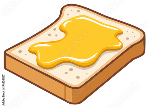 Sweet golden honey or syrup generously spread on a fresh slice of toasted white bread. Delicious breakfast food illustration.