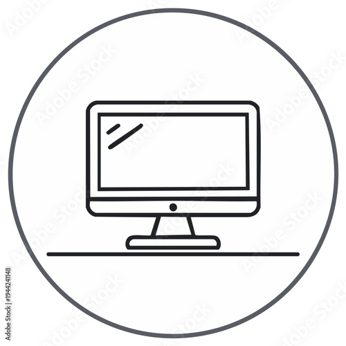 Minimalist Desk Computer Screen Monitor in Circular Frame Outline Style Icon