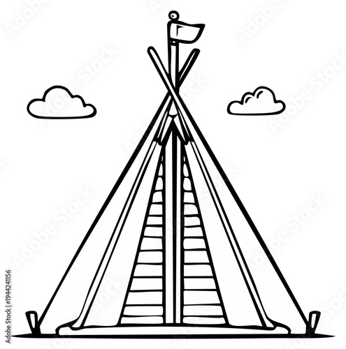 Hand drawn teepee dwelling with flag and clouds illustration