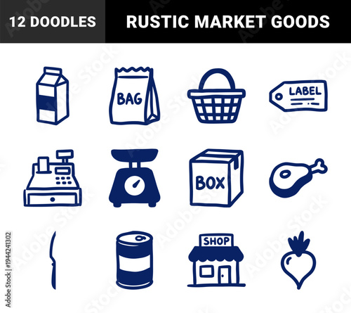 Grocery shopping and retail elements in a naive marker sketch style. Rustic hand-drawn doodles of market goods and checkout equipment.