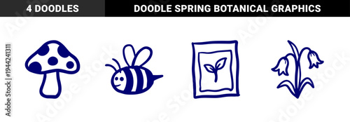 Hand-drawn garden and nature elements with a rustic indigo marker aesthetic. Naive blue doodle illustrations of bees, mushrooms, and spring flowers.