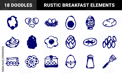 Hand-drawn egg and breakfast elements for organic food branding. Rustic, naive marker sketch illustrations featuring poultry and culinary concepts.