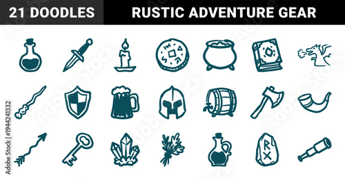 Hand-drawn fantasy RPG adventure elements with a rustic naive aesthetic. Crude marker sketch illustrations of medieval quest items and magic equipment.