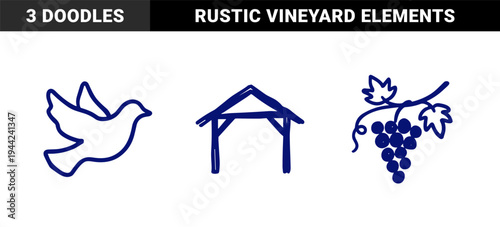 Rustic hand-drawn bird and nature elements for organic brand identity. Naive marker sketch illustrations featuring dove, grapes, and wooden shelter.
