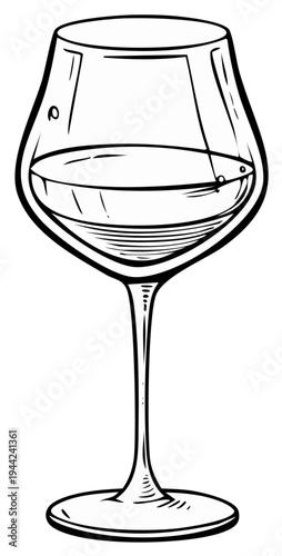 Illustration of a wine glass filled with clear liquid and subtle bubbles