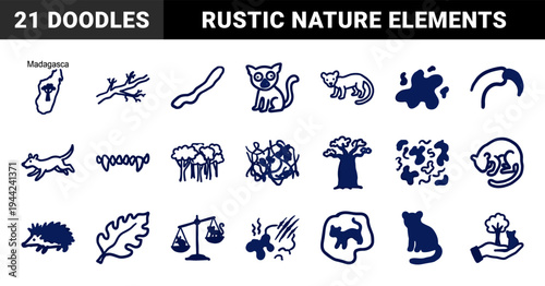 Madagascar wildlife and nature elements for organic brand identity. Rustic, naive marker sketch illustrations featuring lemur and baobab concepts.