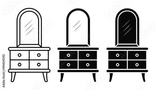Three Dresser and Mirror Outline, Silhouette, and Inverted Silhouette
