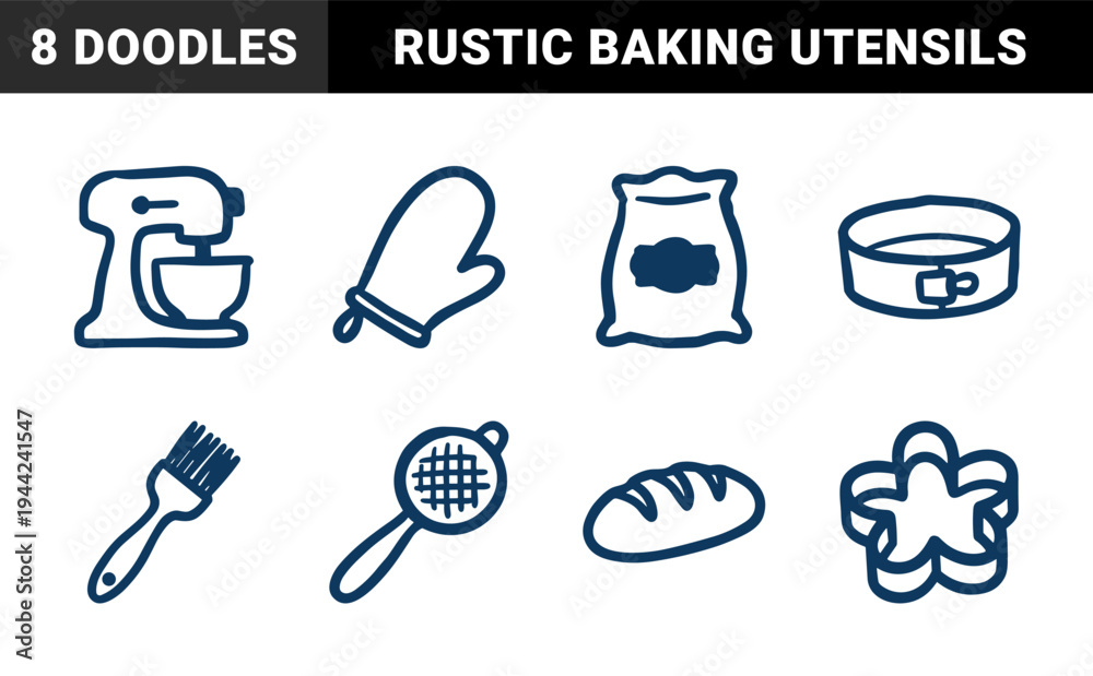 Fototapeta premium Hand-drawn baking and culinary tools for artisanal branding. Rustic, naive marker sketch illustrations featuring kitchen equipment and bread concepts.