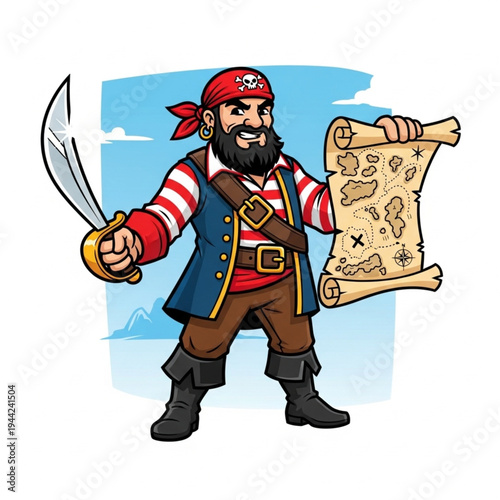 Cartoon Pirate Character Holding Sword and Map.