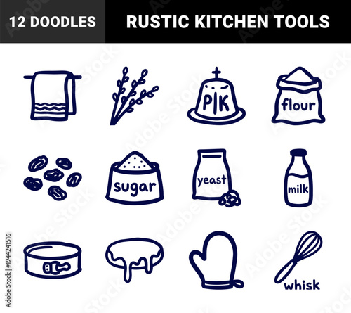 Easter baking ingredients and kitchen tools in a rustic hand-drawn doodle style. Naive marker sketch illustrations of flour, yeast, whisk, and spring willow.