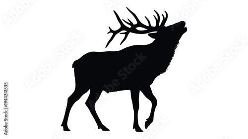 A majestic elk silhouette with impressive antlers stands out against a clean white background, evoking a sense of wild beauty and freedom in nature.