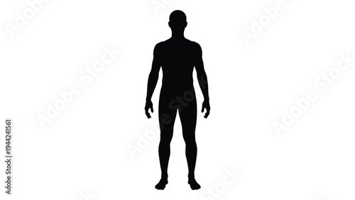 A black silhouette of a human figure standing upright with arms at sides on a white background