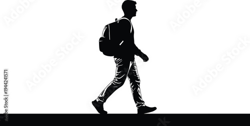 Young man walking with backpack silhouette, student traveler going forward, lifestyle journey education concept vector illustration isolated on white