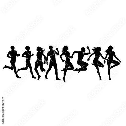 Group of Runners in Motion Silhouettes.