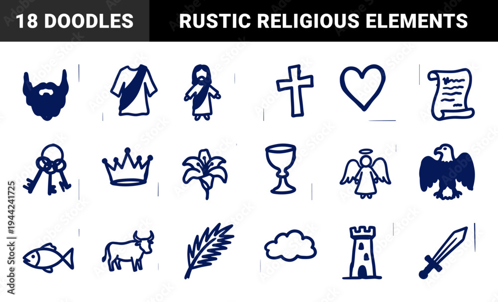 Obraz premium Hand-drawn Christian religious symbols and biblical motifs in a naive marker sketch style. Rustic blue ink doodles for spiritual branding.