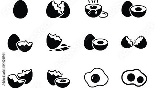 Egg icon set including whole and broken eggs in silhouette style