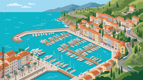 Isometric illustration of a coastal town harbor featuring boats docked in turquoise water, colorful buildings, and rolling hills, ideal for travel and tourism marketing.