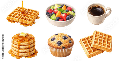 A cozy watercolor breakfast food collection featuring waffles, pancakes with maple syrup, fresh fruit bowl, coffee, and blueberry muffin.