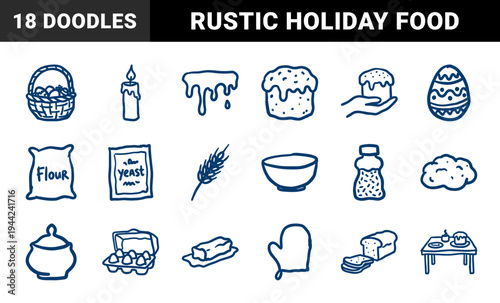 Easter baking and holiday traditions featuring hand-drawn ingredients and festive treats. Rustic, naive marker sketch illustrations of spring bread and eggs.