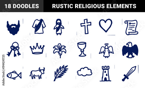 Hand-drawn Christian religious symbols and biblical motifs in a naive marker sketch style. Rustic blue ink doodles for spiritual branding.