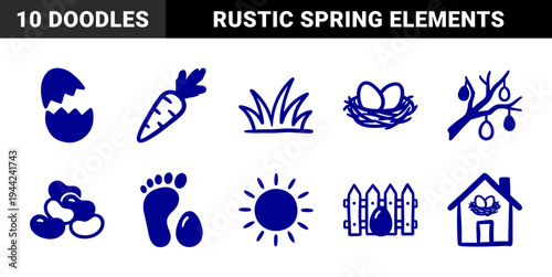 Hand-drawn Easter holiday and spring garden elements with rustic naive doodle aesthetic. Clumsy marker sketch illustrations for seasonal branding.