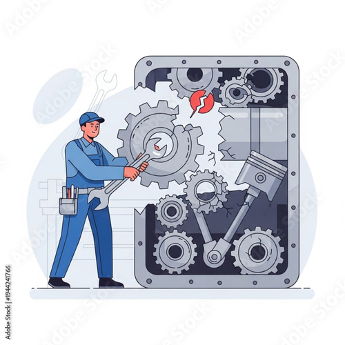 Mechanic repairing machinery with tools.