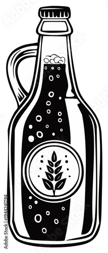 Black and white illustration of a growler bottle with a handle and wheat emblem showing bubbles and foam