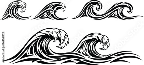 Stylized ocean wave silhouette collection, tribal sea surf splash tattoo designs, black marine water vector illustrations isolated on white background