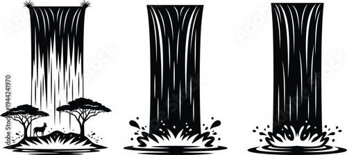 Waterfall silhouette collection with forest landscape and deer, flowing water cascade splash, nature scenery illustration, wild natural waterfall vector