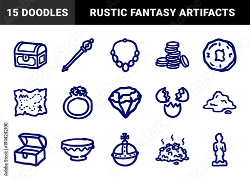 Treasure and fantasy loot elements for gaming and storytelling. Rustic, naive marker sketch illustrations featuring gems, gold coins, and artifacts.
