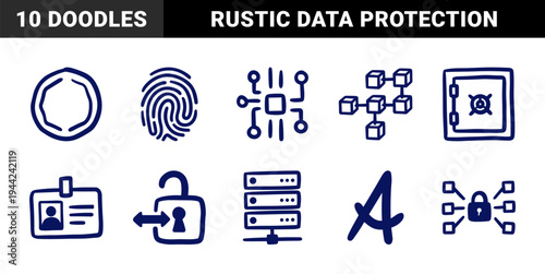 Hand-drawn cybersecurity and data protection elements in a rustic marker doodle style. Naive blue ink sketches for digital safety and privacy branding.