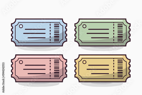 Illustrated cinema tickets showing movie reels stars and admission text creatively designed