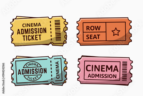 Graphic movie tickets featuring admission labels cinema symbols and screen themed visuals