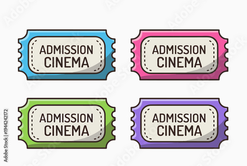 Modern ticket collection showcasing film entertainment symbols in playful bright graphic styles