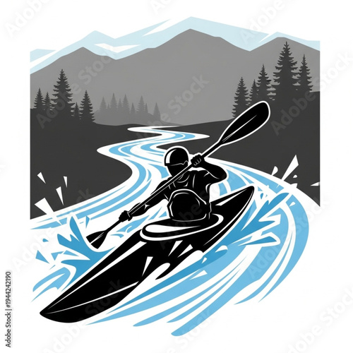 Kayaker Paddling Through River Rapids Illustration.